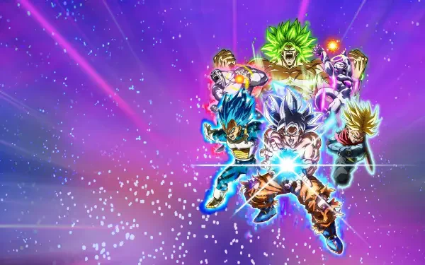 A vibrant 4K Ultra HD wallpaper featuring Goku, Trunks, Vegeta, and Broly from Dragon Ball: Sparking! ZERO in dynamic poses with colorful energy effects.