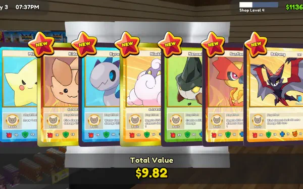 Colorful TCG cards displayed in a shop setting from the game Card Shop Simulator, showcasing characters with star ratings and a total value of $9.82. HD desktop wallpaper for gamers.