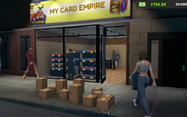 A vibrant HD wallpaper showcasing a storefront named My Card Empire from the video game TCG Card Shop Simulator, featuring characters and a bustling environment.