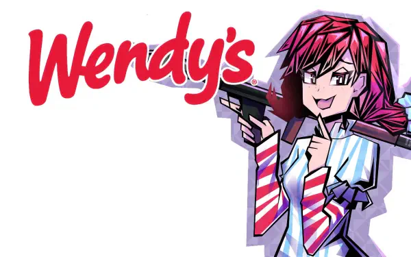 A vibrant HD desktop wallpaper featuring a stylized character representing Wendy's, playfully holding a gun, set against the brand's iconic logo.