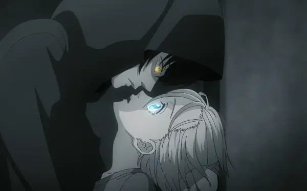 A captivating HD anime wallpaper featuring a moment between characters from Nina the Starry Bride, showcasing a dramatic kiss in a shadowy setting.