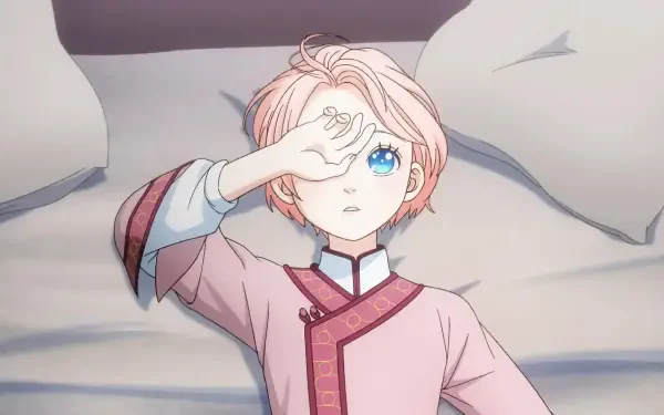 A character from Nina the Starry Bride, depicted in a serene HD anime wallpaper, gazes thoughtfully while resting on a bed, hands framing their face.