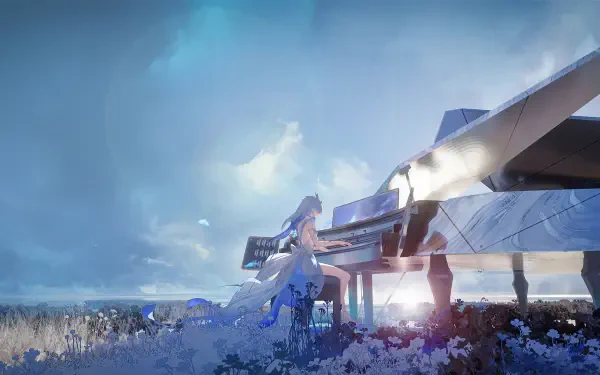 A serene scene from the video game Wuthering Waves featuring the Shorekeeper playing a grand piano, set against a tranquil backdrop with blue skies and delicate flowers.