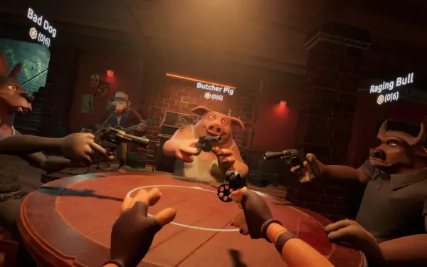 A vibrant HD desktop wallpaper featuring characters from the video game Liars Bar, showcasing anthropomorphic animals engaged in a tense standoff at a roulette table.