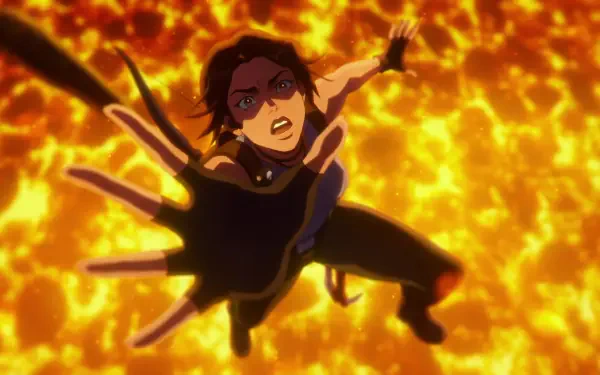 An intense anime-inspired image featuring Lara Croft from Tomb Raider: The Legend of Lara Croft, set against a fiery, dramatic background. High-definition wallpaper for PC use.