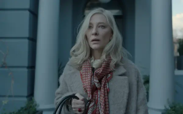 Cate Blanchett appears in a dramatic moment from the TV show Disclaimer (2024), captured in a high-definition desktop wallpaper featuring a somber backdrop.