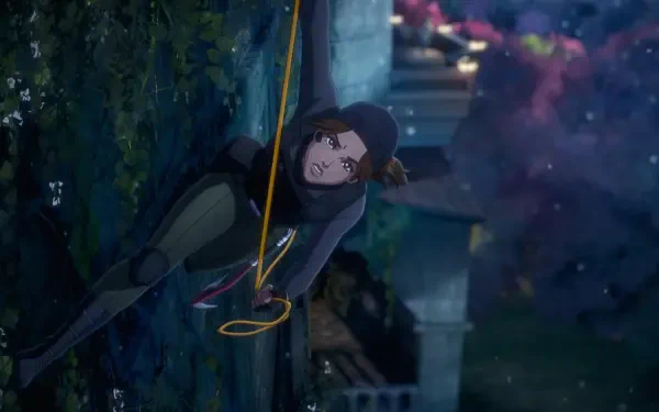 Anime-inspired HD wallpaper featuring Lara Croft from Tomb Raider: The Legend of Lara Croft, depicted as she skillfully climbs a rocky surface.