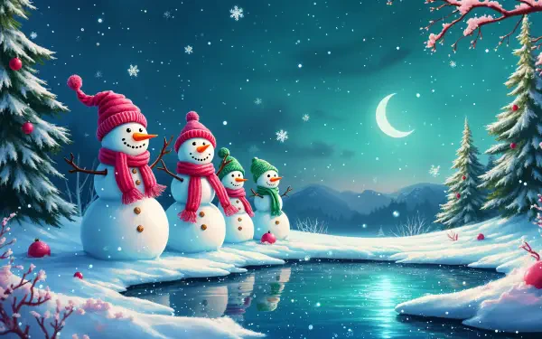 snowman snowmen winter night moon winter night HD Desktop Wallpaper | Background Image