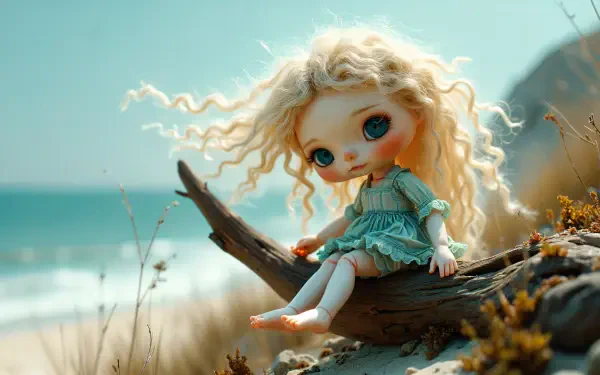 A whimsical doll with blonde, curly hair sits on a driftwood log by the beach, set against a serene ocean backdrop in this vibrant 4K Ultra HD desktop wallpaper.