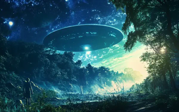 Sci Fi alien encounter UFOs forest Night Sky HD Desktop Wallpaper | Background Image