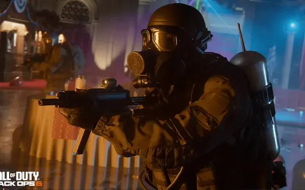 A soldier in a gas mask aims his weapon in a vibrant, atmospheric scene from Call of Duty: Black Ops 6, showcasing intense action in this 4K Ultra HD desktop wallpaper.