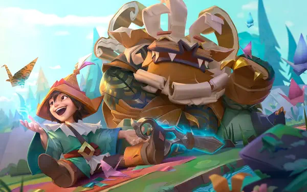 A vibrant 8K Ultra HD wallpaper featuring Nunu from League of Legends, joyfully playing alongside his large, friendly companion in a colorful, whimsical environment.