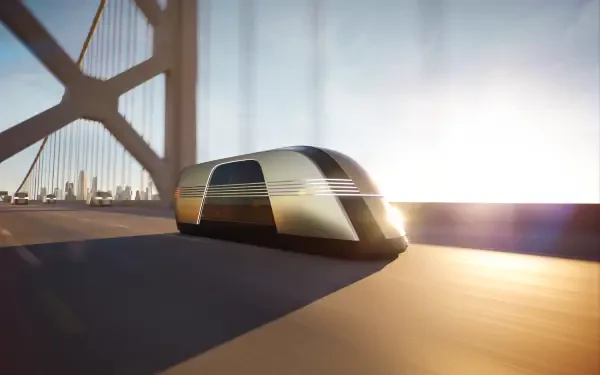 A sleek Tesla robovan glides along a sunlit road, framed by a bridge, showcasing futuristic design in this stunning 8K Ultra HD wallpaper.