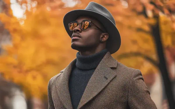 A stylish man stands confidently against a backdrop of vibrant autumn leaves, showcasing contemporary fall fashion in a chic overcoat and hat, capturing the essence of the season.