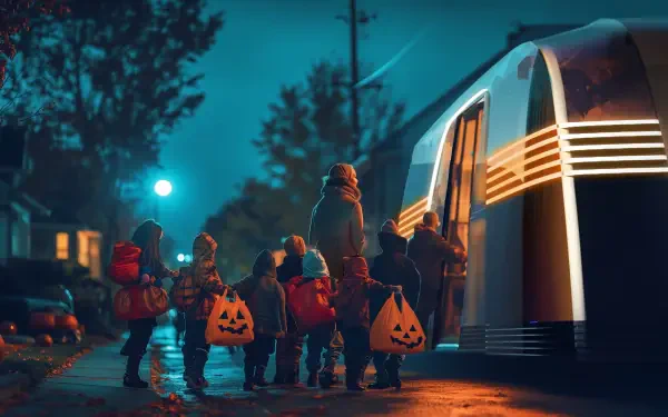 A group of children in Halloween costumes gather around a futuristic Tesla robovan, illuminated by soft streetlights on a cool, autumn evening. 4K Ultra HD desktop wallpaper.