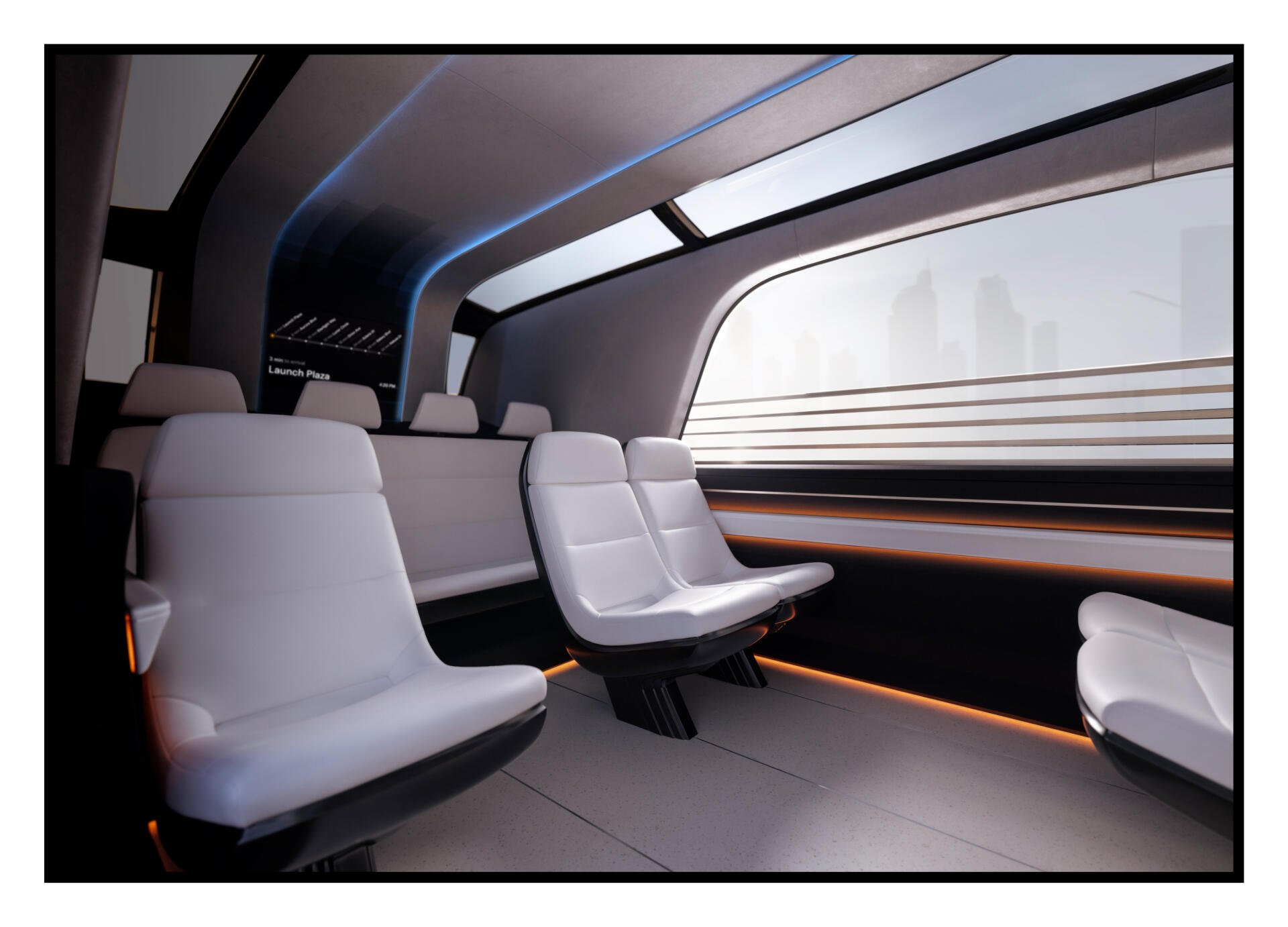 A sleek, modern interior of a Tesla robovan, showcasing spacious seating and ambient lighting. This 4K Ultra HD wallpaper captures futuristic design aesthetics.