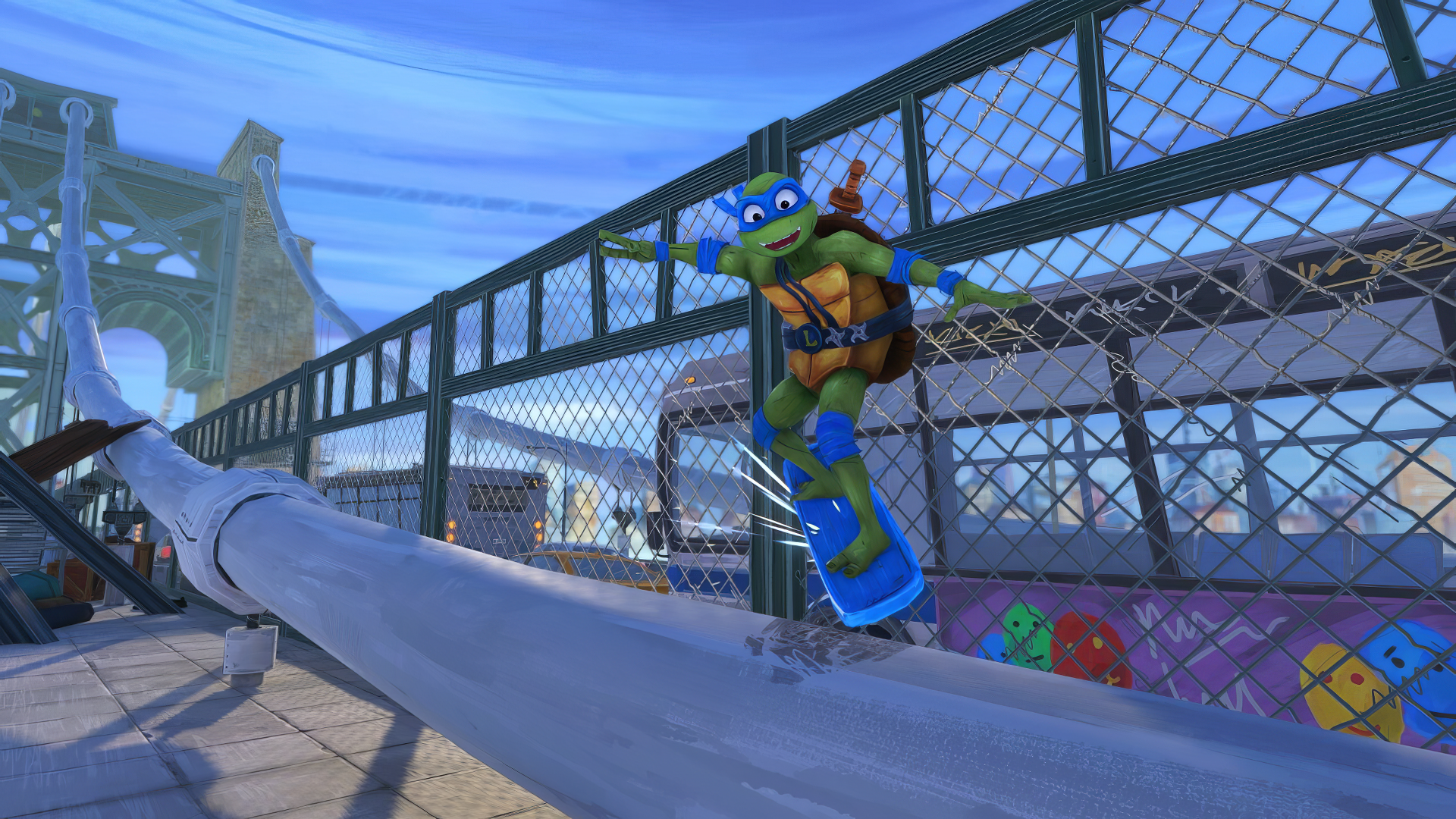 A vibrant HD wallpaper featuring a Teenage Mutant Ninja Turtle skating on a rail in a lively urban setting, from the game Teenage Mutant Ninja Turtles: Mutants Unleashed.