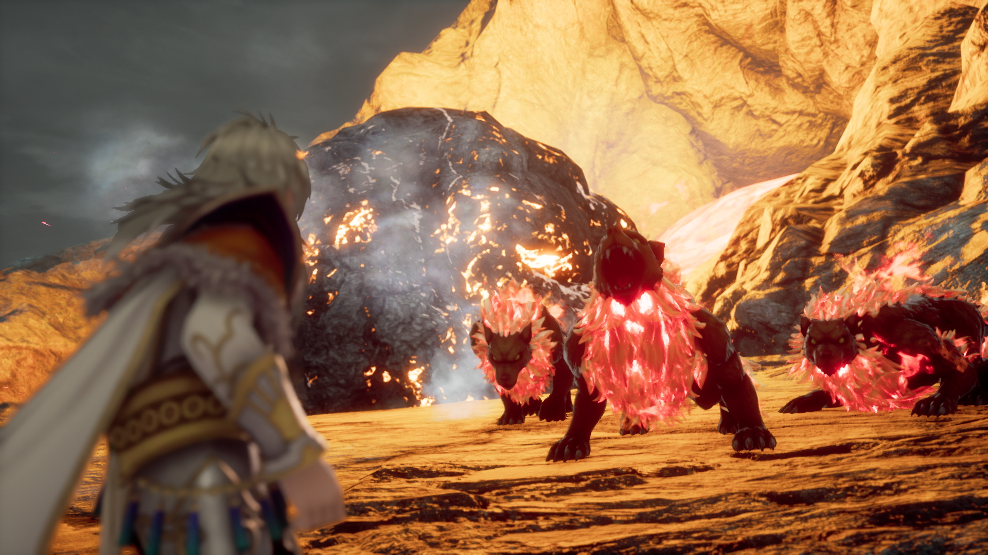 A character faces fiery creatures in a dramatic landscape, capturing a moment from the video game Romancing SaGa 2: Revenge of the Seven in this HD PC desktop wallpaper.