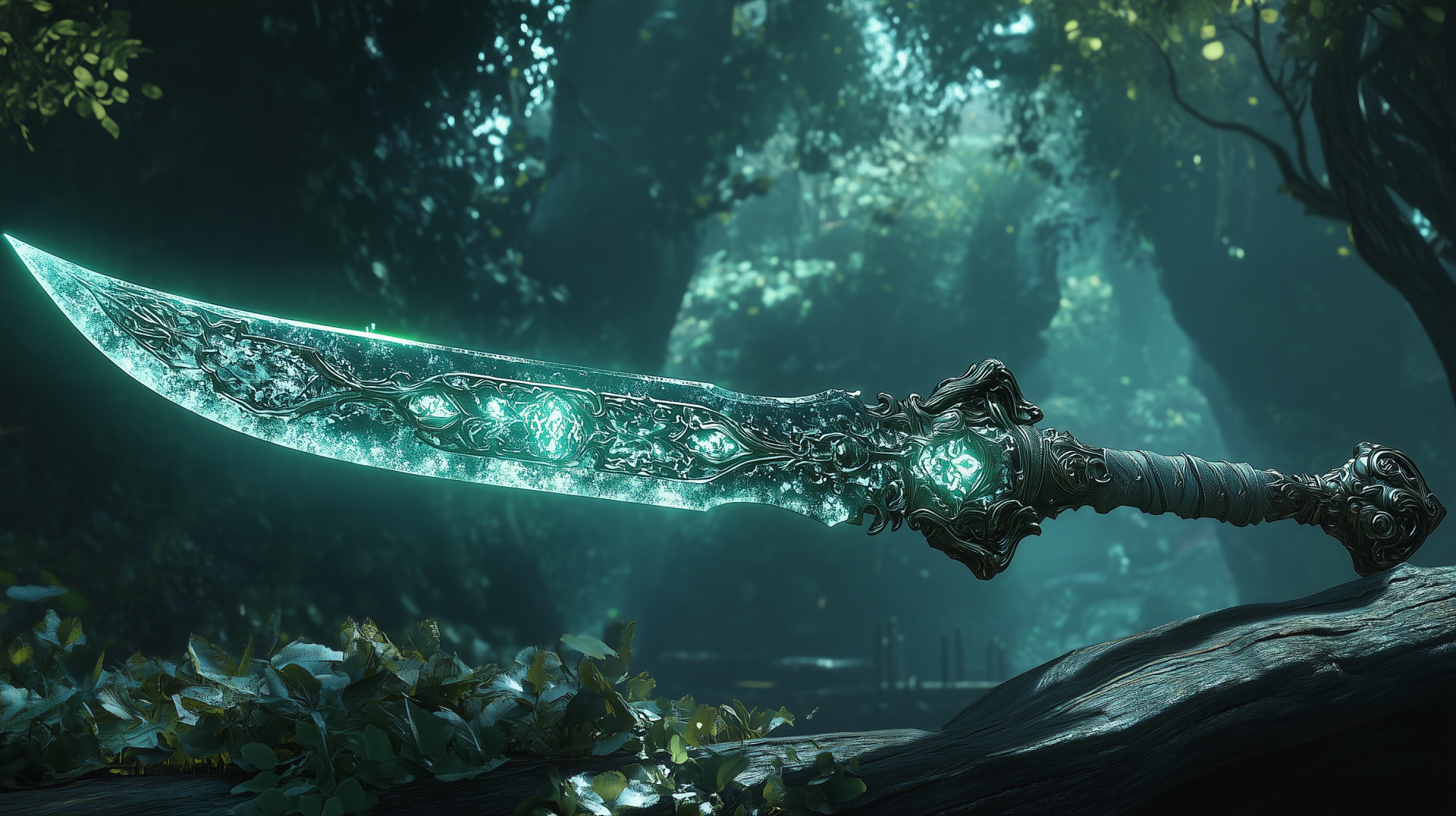 A mystical, enchanted sword gleams with ethereal light, resting in a shadowy forest, captured in high-definition fantasy artwork for a PC desktop background.
