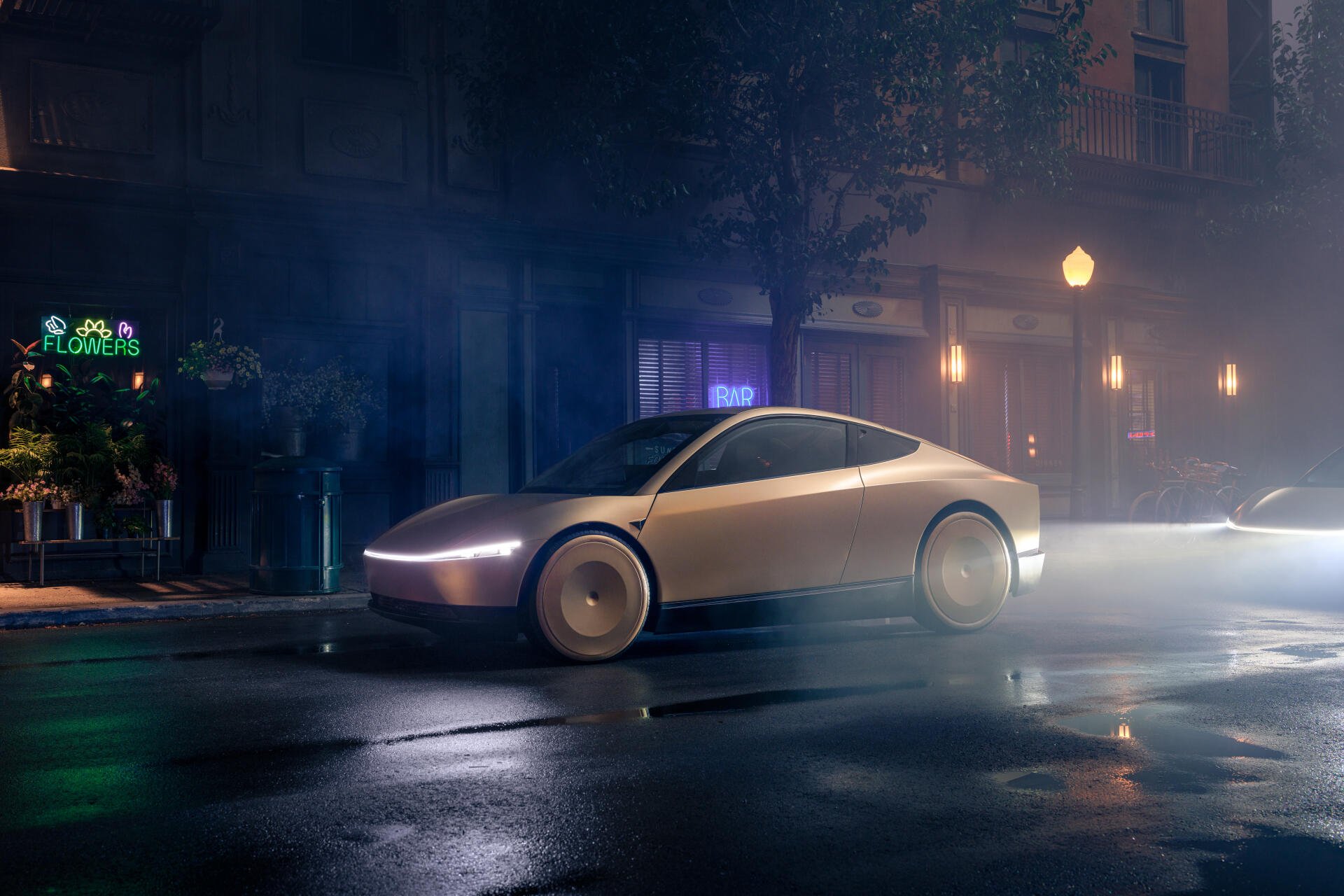 A sleek Tesla robotaxi, illuminated in a misty urban setting, showcases an innovative Cybercab design. This 4K Ultra HD image highlights futuristic transportation.