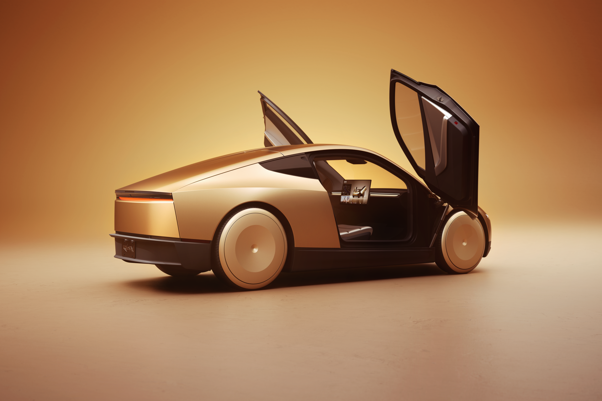 A sleek Tesla robotaxi, styled as a Cybercab, features a futuristic design with gold accents and upward-opening doors, set against a warm, minimalist background.
