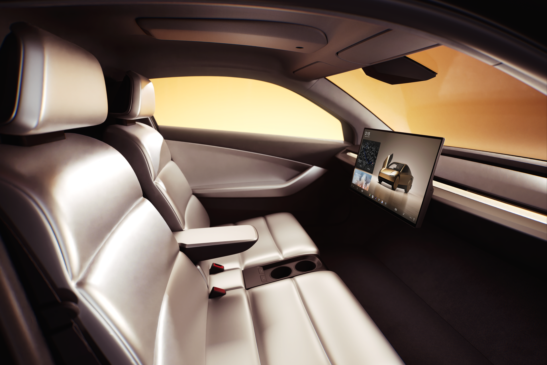 Interior view of a sleek Tesla robotaxi, showcasing modern leather seats and a large touchscreen display, set against a warm backdrop, in stunning 8K Ultra HD resolution.