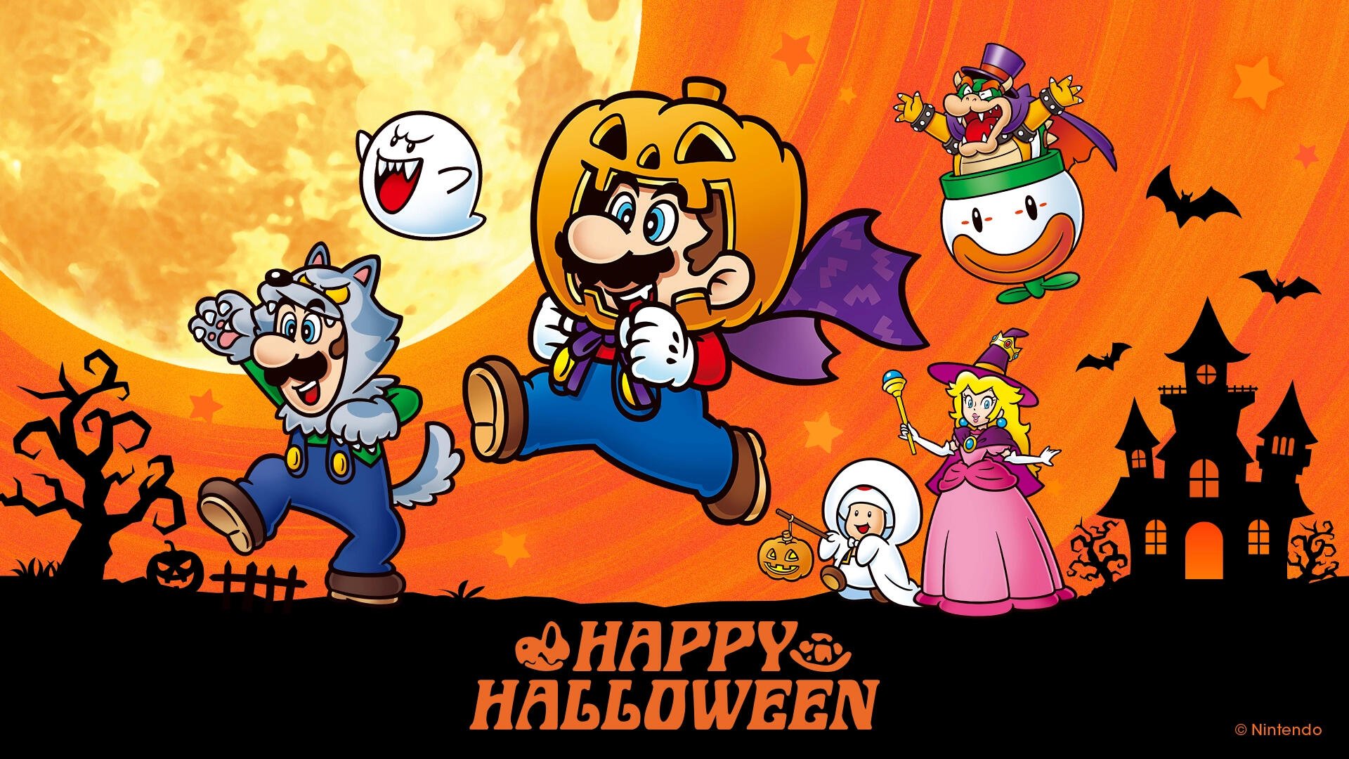 Super Mario Halloween scene: Mario with pumpkin head and cape, Luigi in cat suit, Peach, Toad and ghost Boo against an orange moon and haunted house — HD PC desktop wallpaper and background.