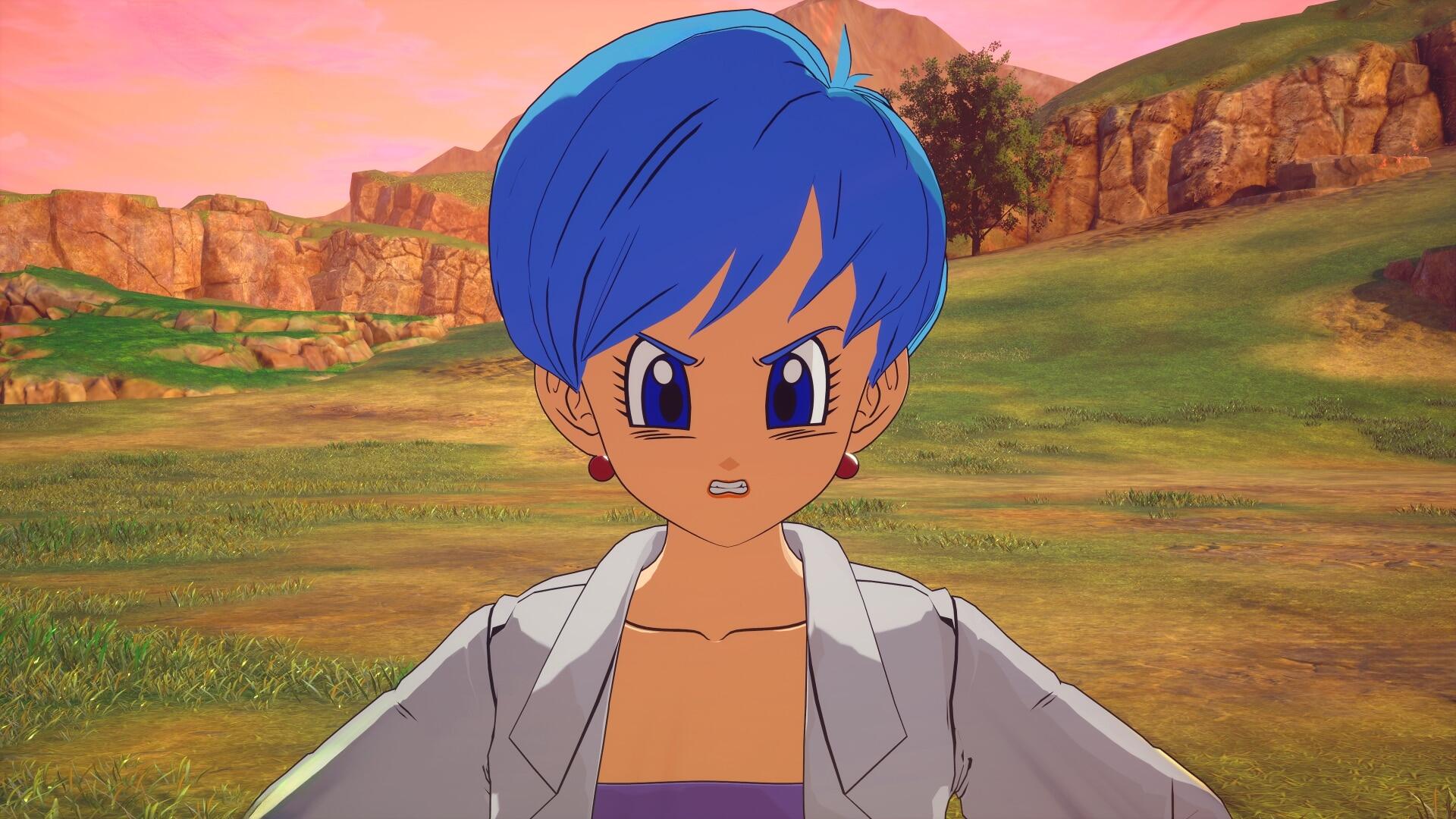 Bulma from DRAGON BALL: Sparking! ZERO stands confidently in an expansive landscape, showcasing her determined expression in this HD PC desktop wallpaper.