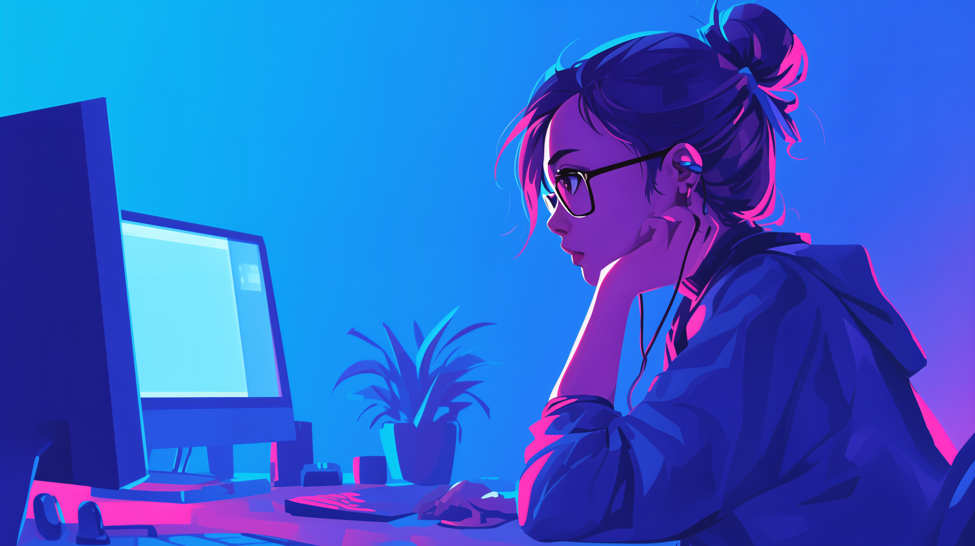 A woman programmer sits at a desk, focused on her computer screen, with headphones on. The scene is illuminated in vibrant blue and purple hues, creating a tech-inspired ambiance.