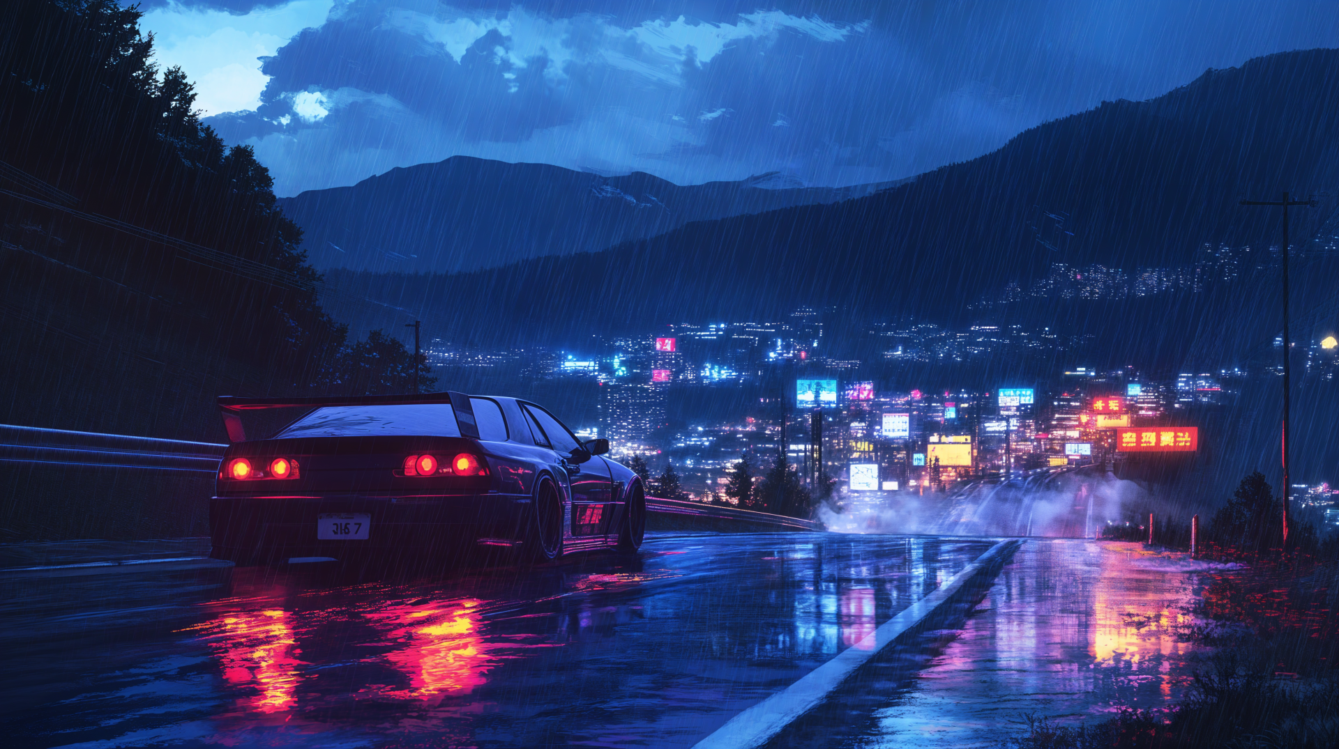 A sleek JDM car drives along a rain-soaked road at night, with vibrant city lights reflecting on the pavement and mountains in the background. A stunning 4K Ultra HD wallpaper.