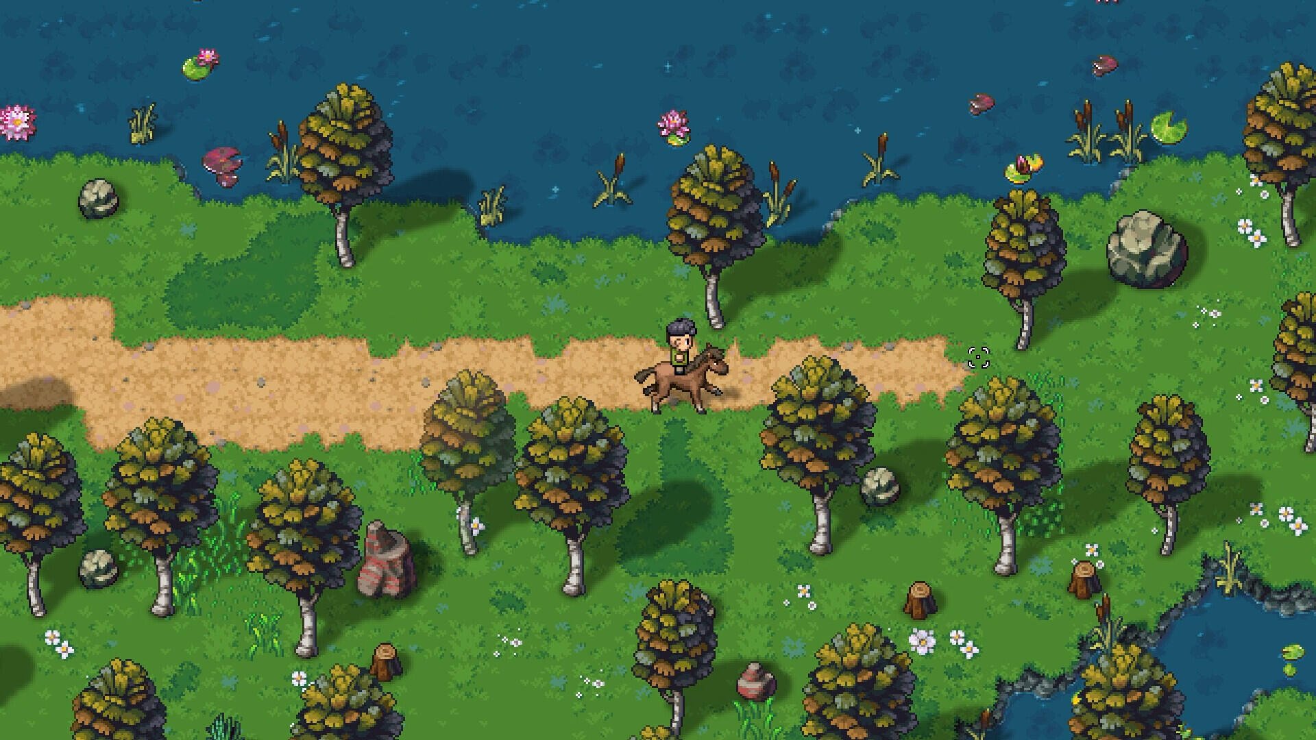 A vibrant scene from the video game Streets of Rogue 2, featuring a character navigating a woodland path surrounded by lush trees and serene water. HD PC desktop wallpaper.