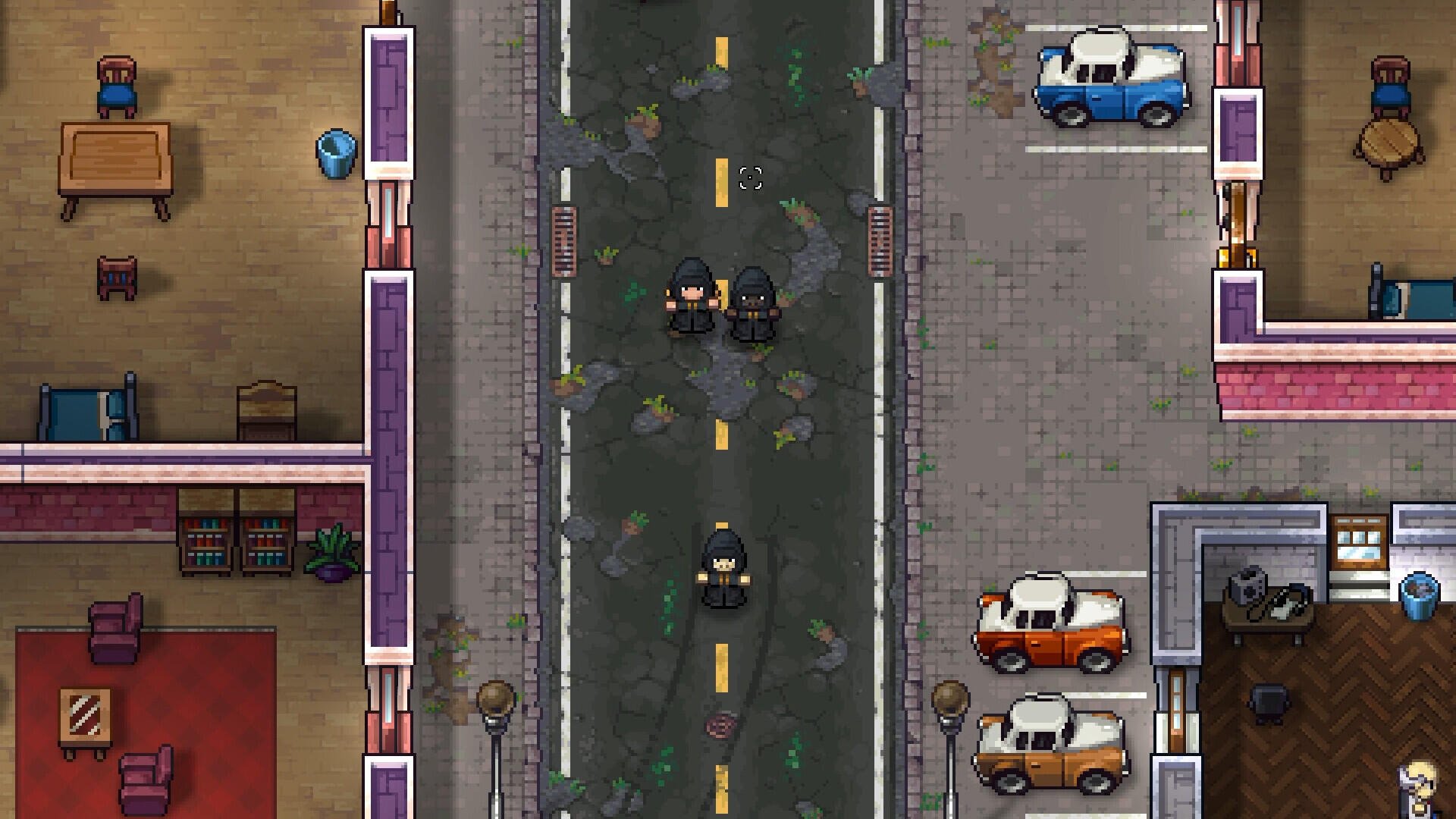 A top-down view of a city street from Streets of Rogue 2, featuring characters on a cracked road with vintage cars parked along the sides, all rendered in vibrant HD graphics.
