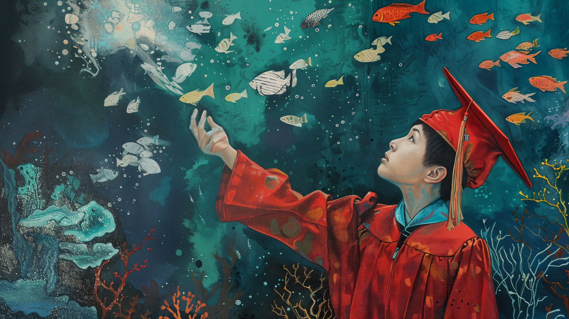 A vibrant 4K Ultra HD desktop wallpaper depicting a graduate in a red cap and gown reaching towards colorful fish in an underwater scene, symbolizing dreams and exploration.