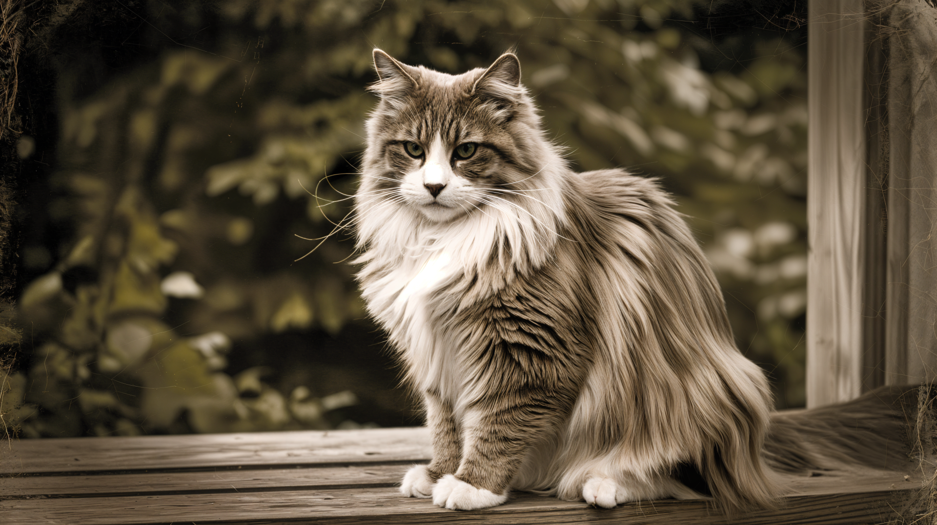 A majestic Maine Coon cat sits gracefully on a wooden surface, surrounded by a blurred natural backdrop, captured in stunning 4K Ultra HD detail.