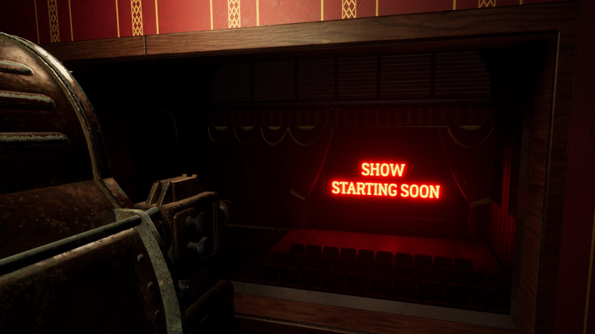 HD wallpaper from the video game Massacre At The Mirage, featuring a dimly lit stage with a red neon sign reading SHOW STARTING SOON.