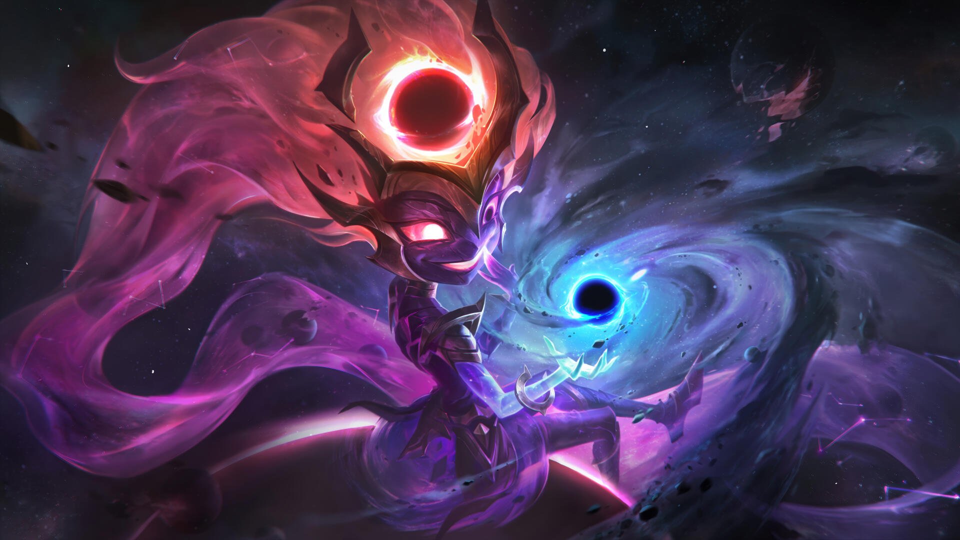 Zoe from League of Legends manipulates cosmic powers amidst vibrant black holes in this stunning 8K Ultra HD wallpaper, capturing the magic of the game’s universe.