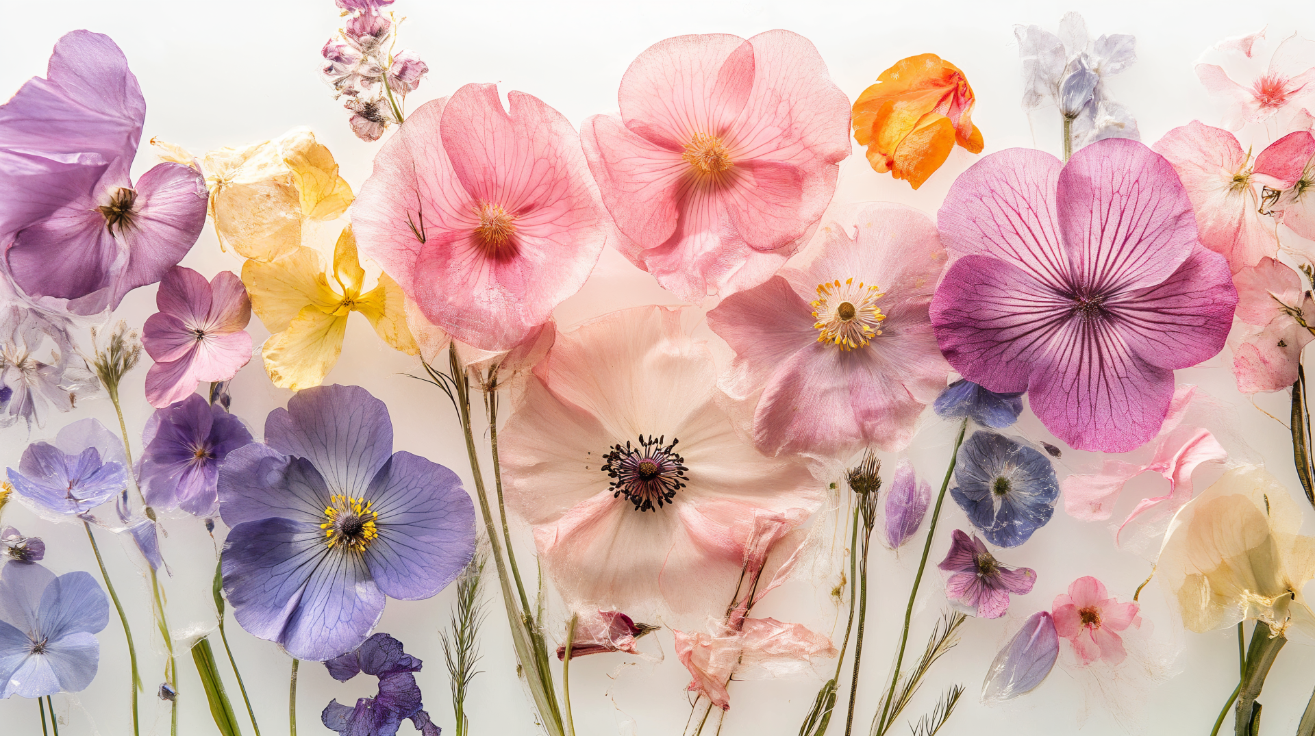 A vibrant arrangement of pressed flowers in various colors, showcasing delicate petals and stems. This stunning display serves as a 4K Ultra HD wallpaper and background.