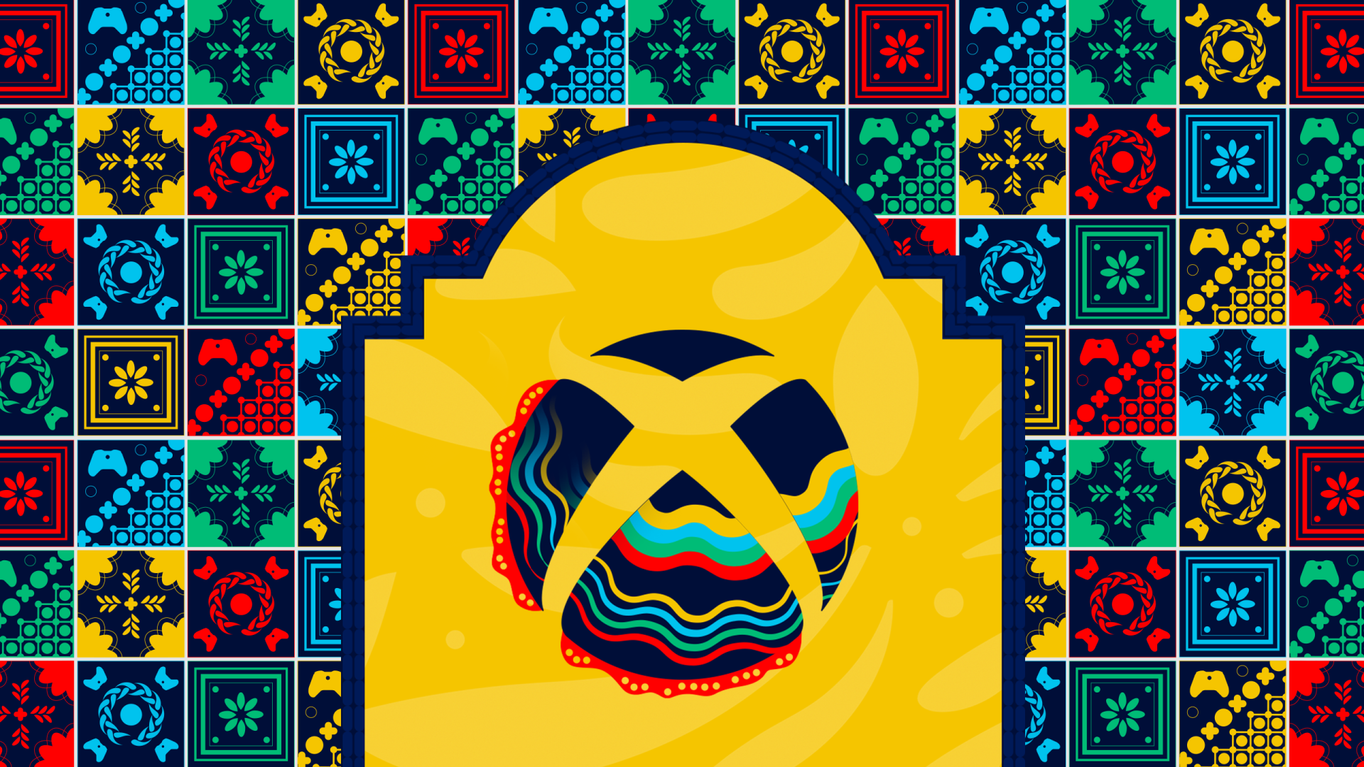 HD PC desktop wallpaper featuring a colorful Xbox logo against a vibrant, patterned background inspired by video game design elements.