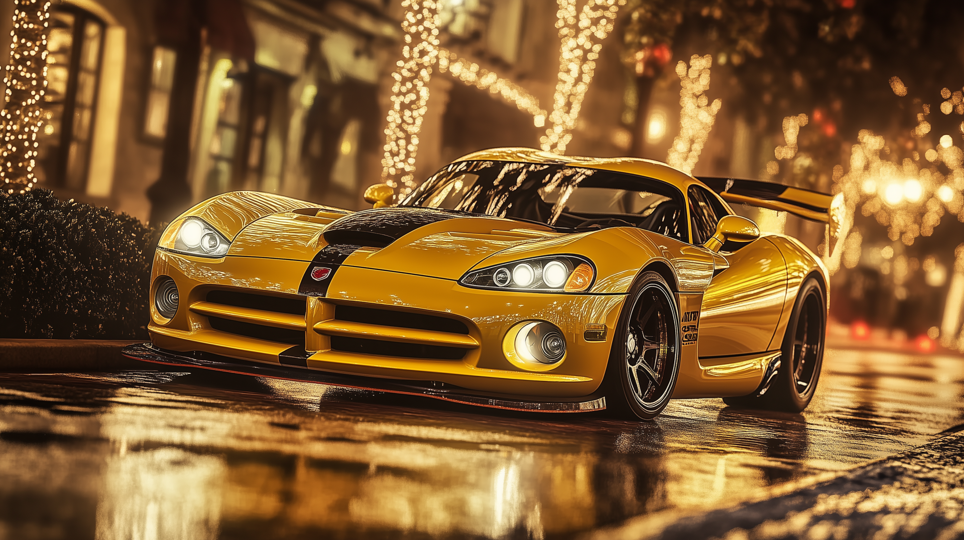 HD desktop wallpaper showcasing a sleek yellow Dodge Viper GTS parked on a wet, illuminated street at night.