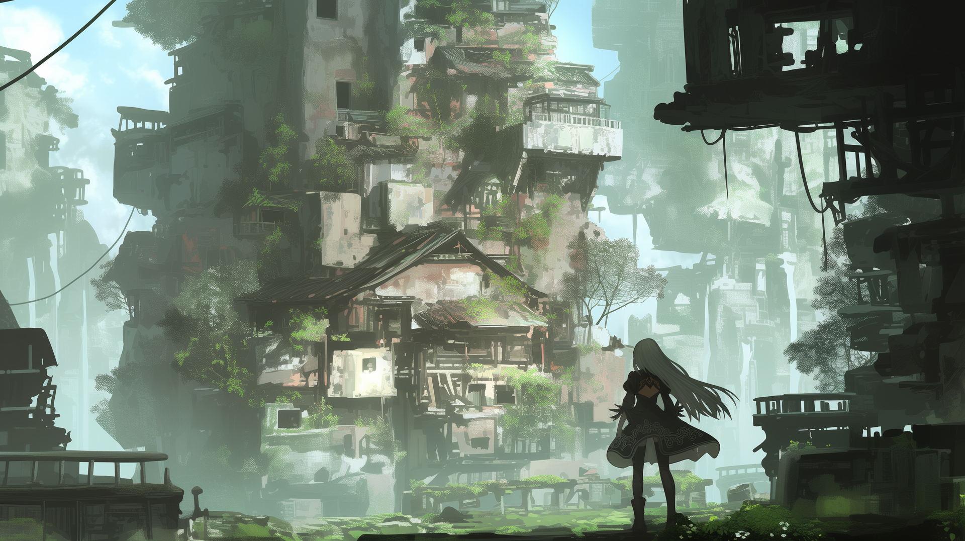 A dramatic HD wallpaper from NieR: Automata featuring YoRHa Type A No.2 standing in a lush, overgrown landscape with towering, crumbling architecture in the background.
