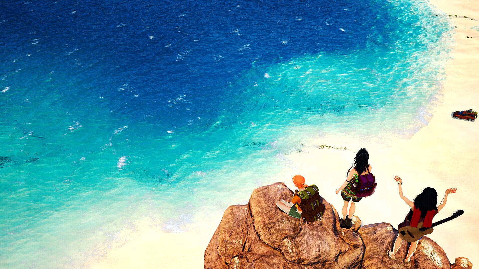 A vibrant HD wallpaper from the video game Albatroz, featuring three characters atop a rocky outcrop overlooking a picturesque blue ocean and serene sandy beach.