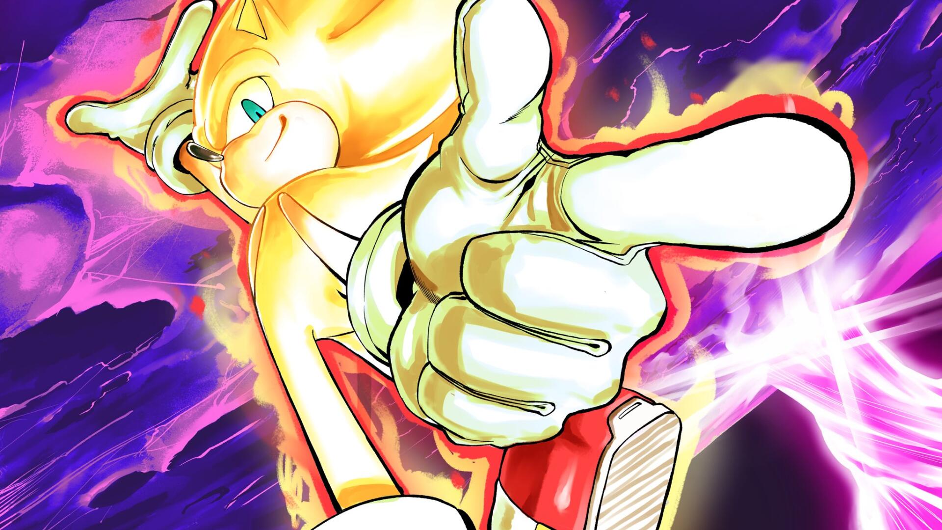 HD desktop wallpaper featuring Super Sonic from Sonic Frontiers, depicted in dynamic action with vibrant purple and gold energy effects.