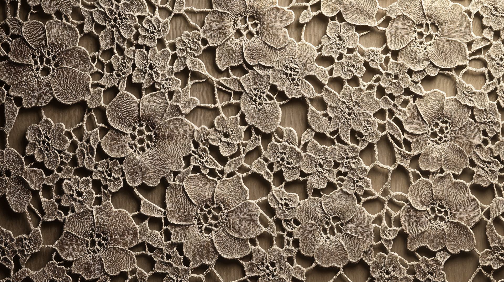 Close-up of an intricate lace pattern featuring detailed floral designs, presented in a 4K Ultra HD format, suitable as a desktop wallpaper or background.