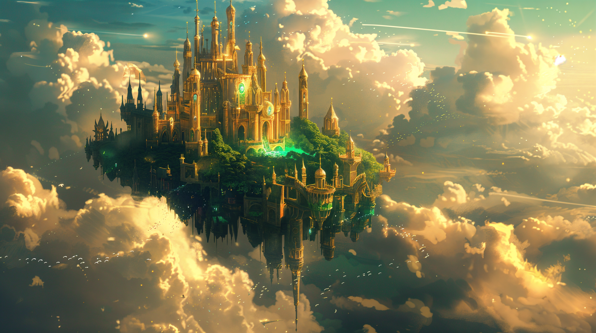 A stunning floating city, featuring grand architecture and lush greenery, hovers amidst fluffy clouds, captured in vibrant 4K Ultra HD for a captivating desktop wallpaper.
