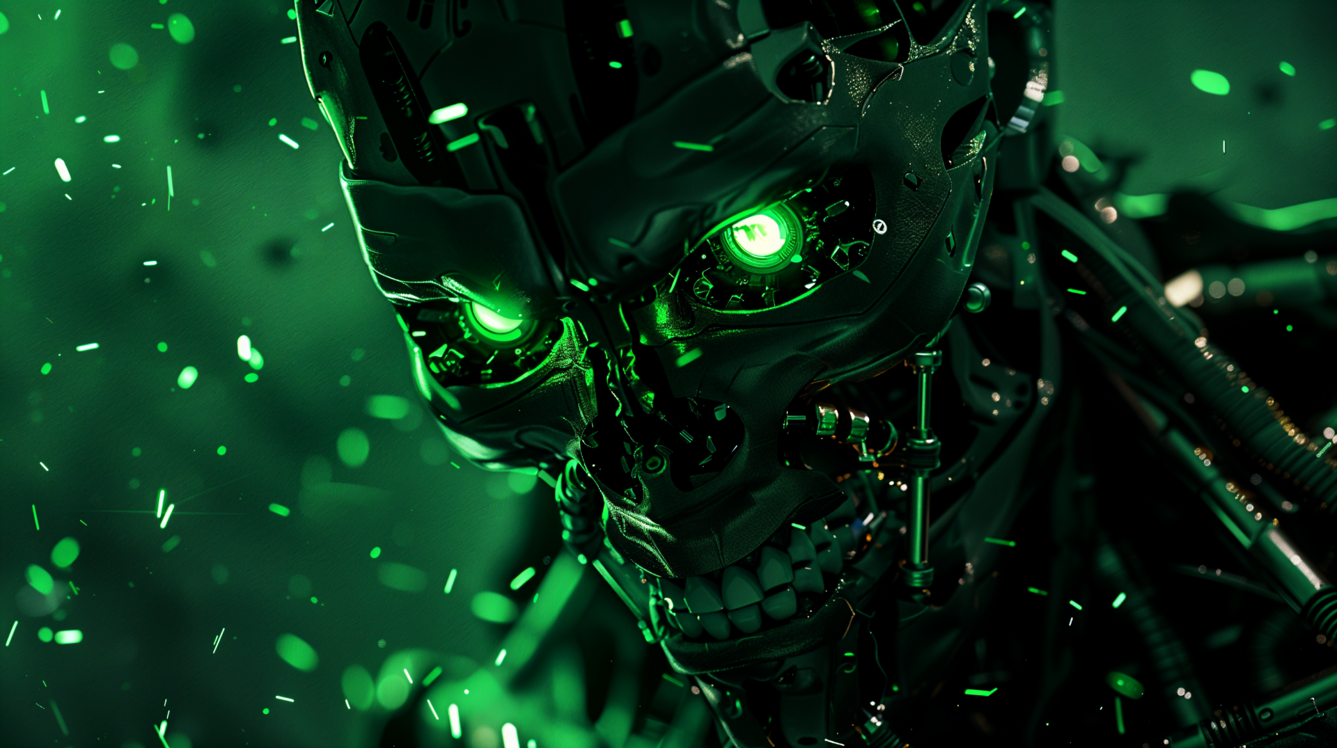A close-up of a robot with glowing green eyes amidst a backdrop of digital debris, embodying the theme of an AI uprising in this vivid 4K Ultra HD wallpaper.