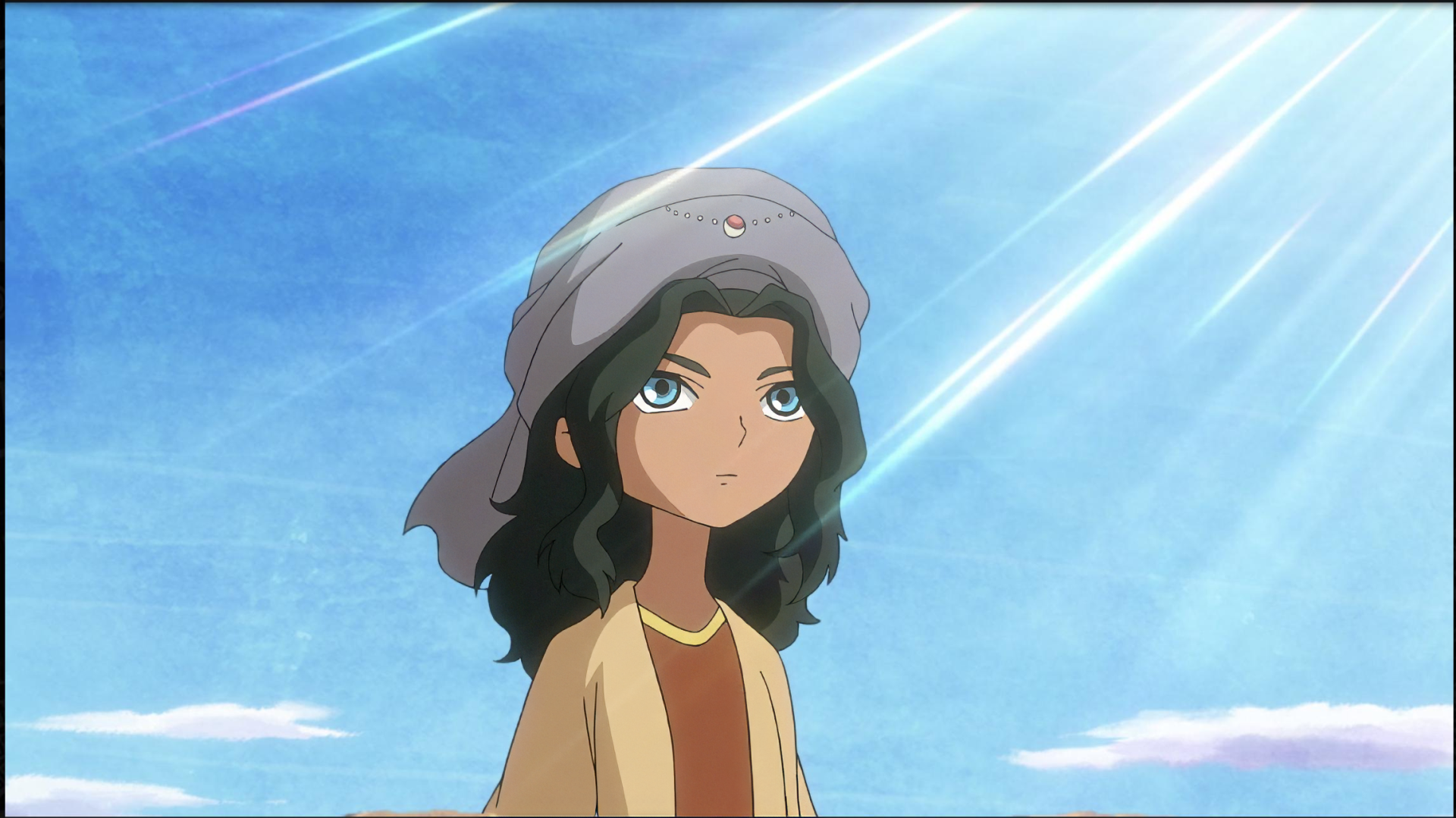 A young character with curly hair and expressive eyes gazes upward against a bright blue sky in this HD anime wallpaper, epitomizing themes from Future Folktales.