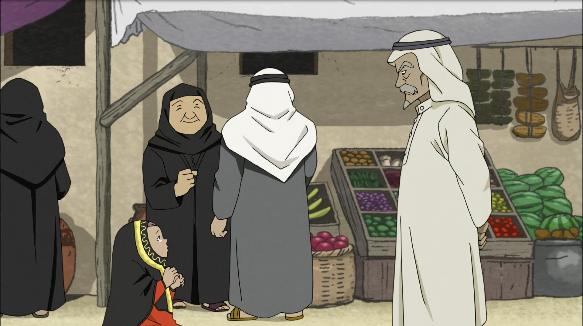 A vibrant anime scene from Future Folktales, featuring a bustling market with characters in traditional attire engaging with each other amidst colorful produce displays.