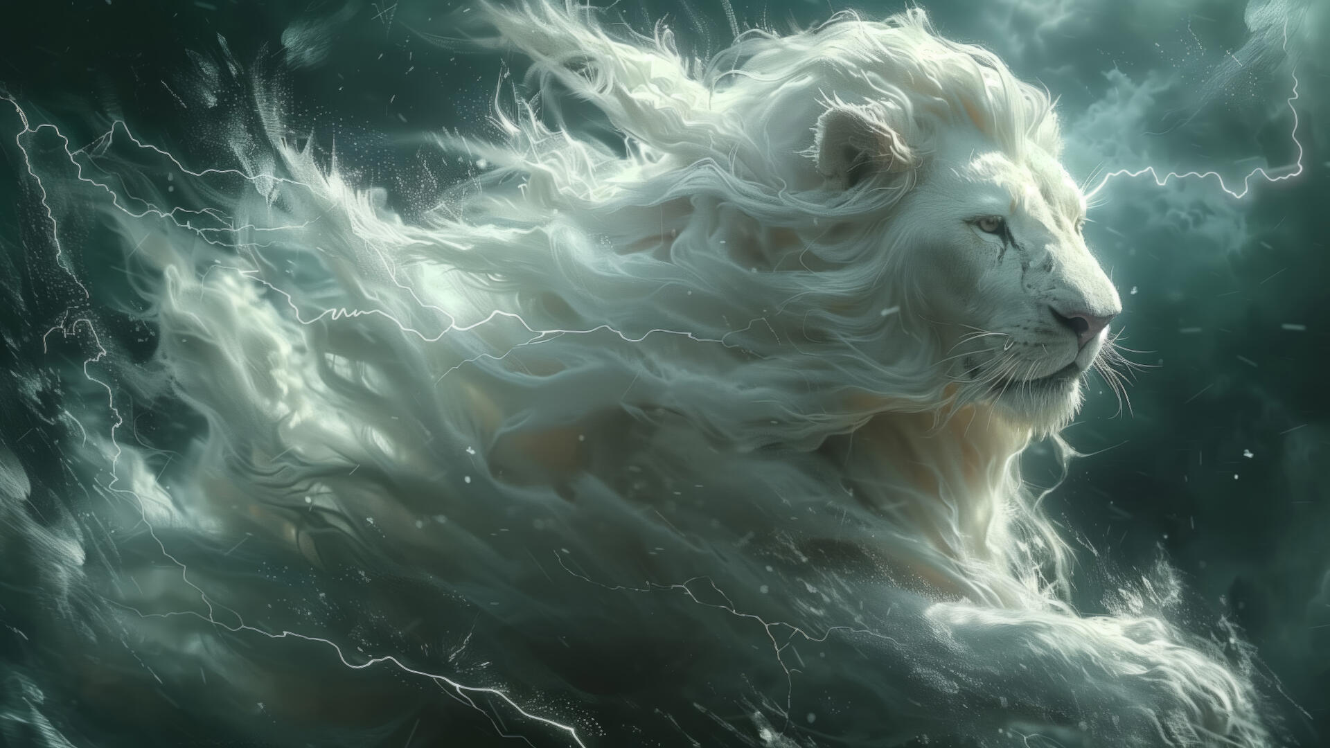 A majestic lion with flowing white mane races through a stormy backdrop, embodying power and grace. This stunning image serves as a captivating 4K Ultra HD desktop wallpaper.