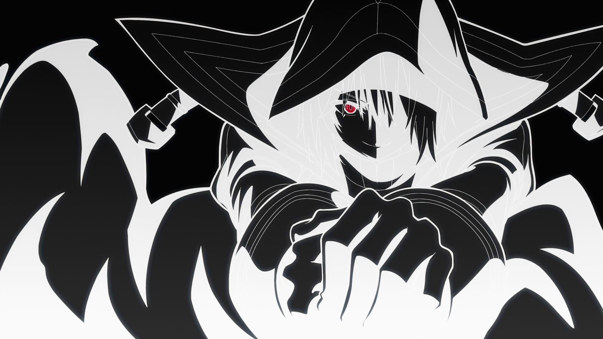 A striking HD wallpaper featuring Cid Kagenou from The Eminence in Shadow, depicted in a bold black and white design, showcasing an enigmatic and powerful pose.