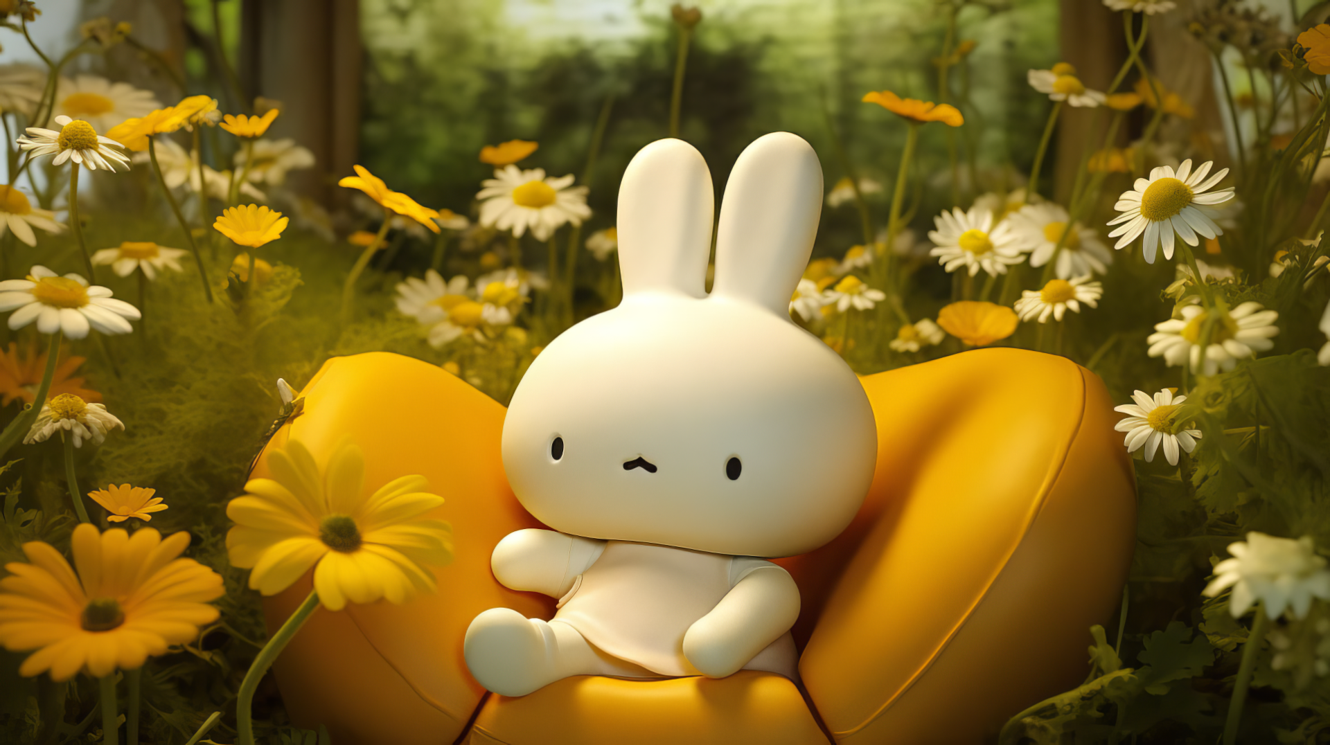 A serene HD PC desktop wallpaper featuring Miffy, a cute white bunny, sitting on a yellow cushion surrounded by cheerful daisies in a lush green setting.